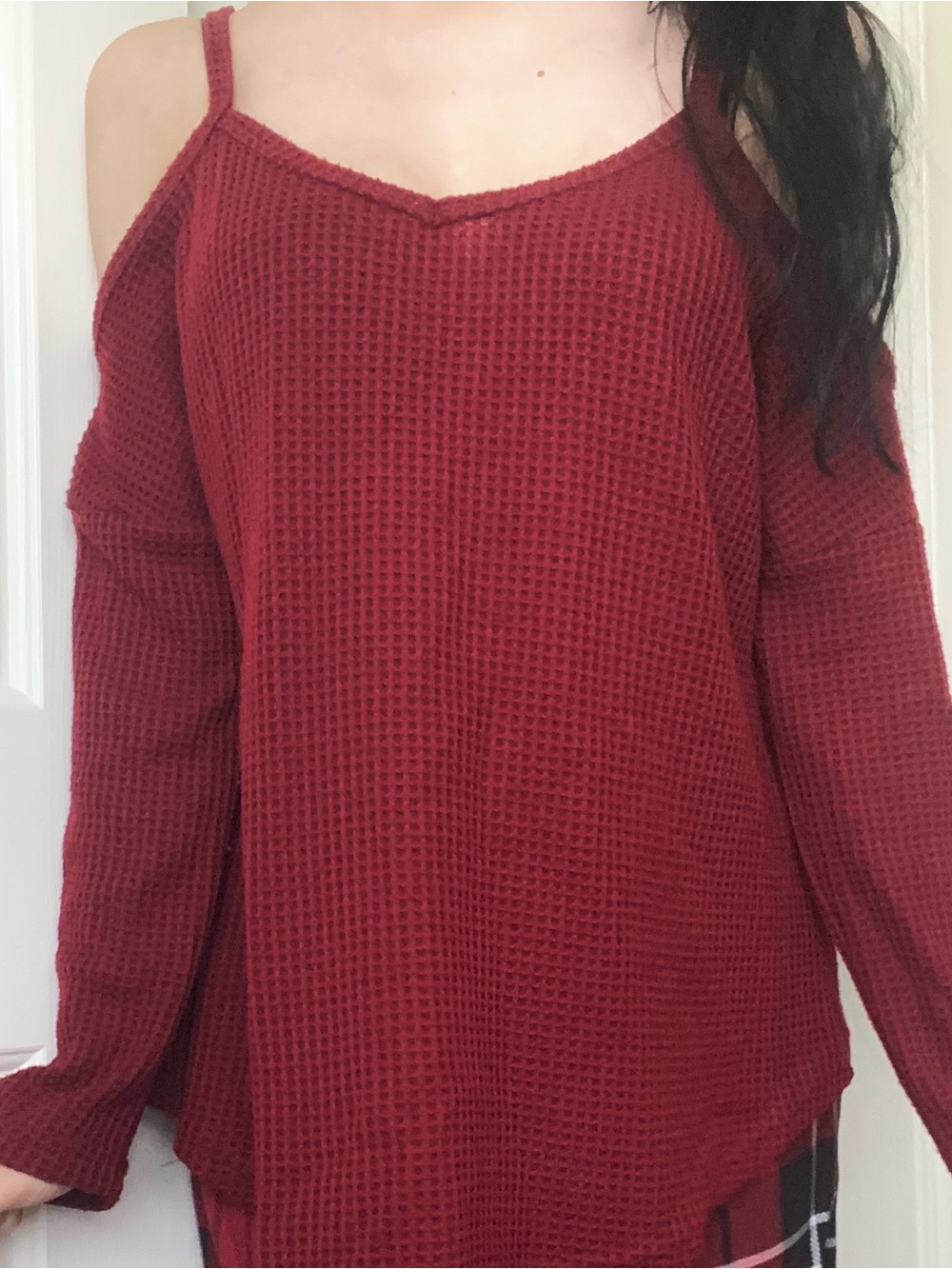 Burgundy waffle knit off the shoulder sweater